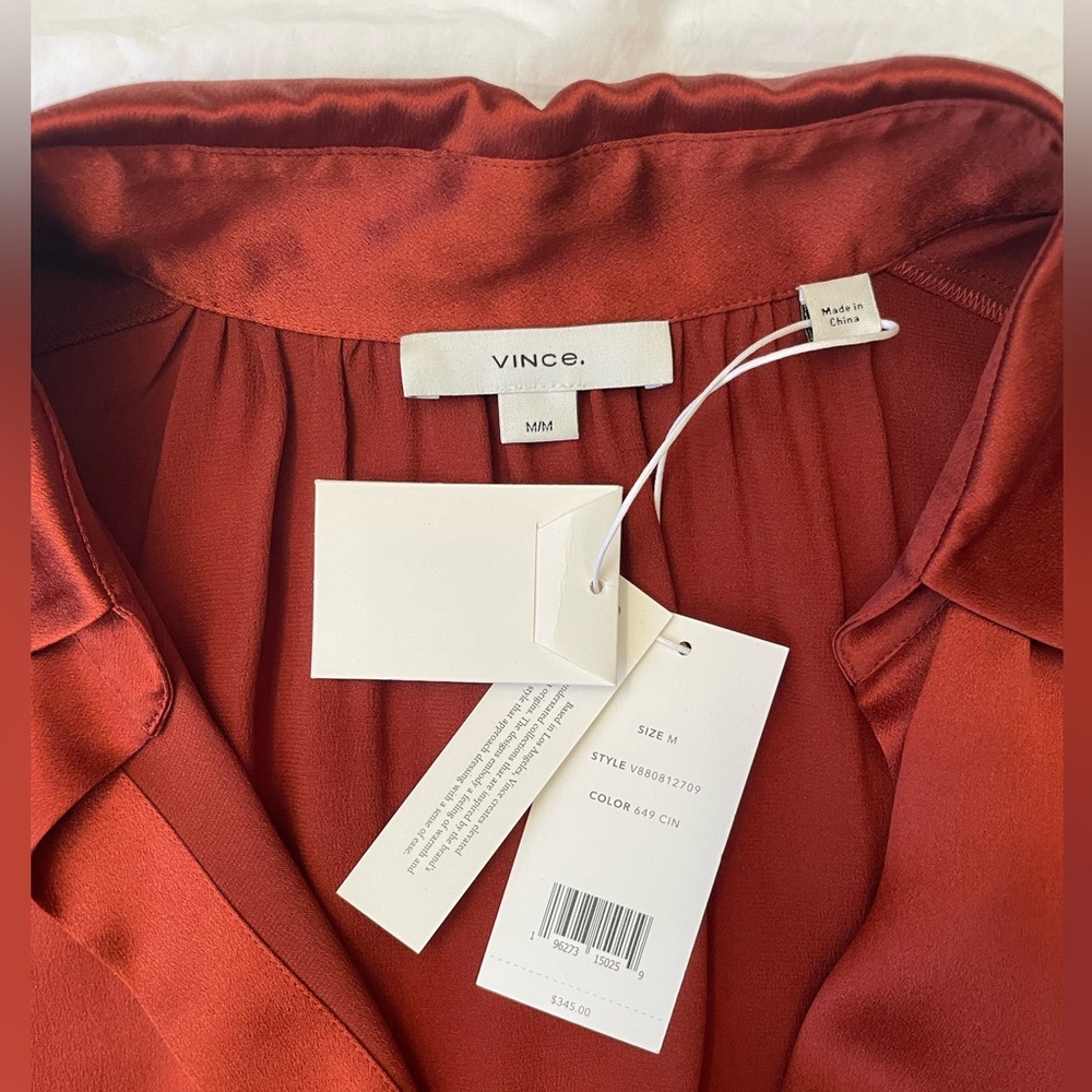 NWT Vince ruched back silk top in rust color, size Medium